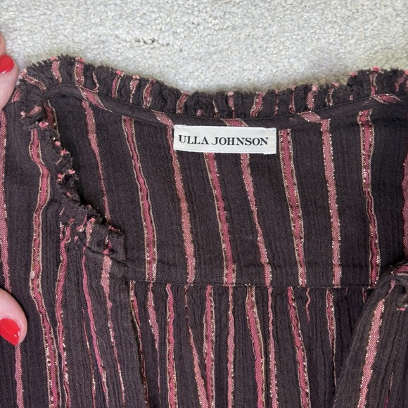 Ulla Johnson Brown Striped Metallic-Trim Ruffle Shoulder Jumpsuit - Picture 4 of 16